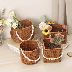 Rattan Woven Flower Basket Wedding Party Gift Handbag Faux Pearl Chain Beach Bag