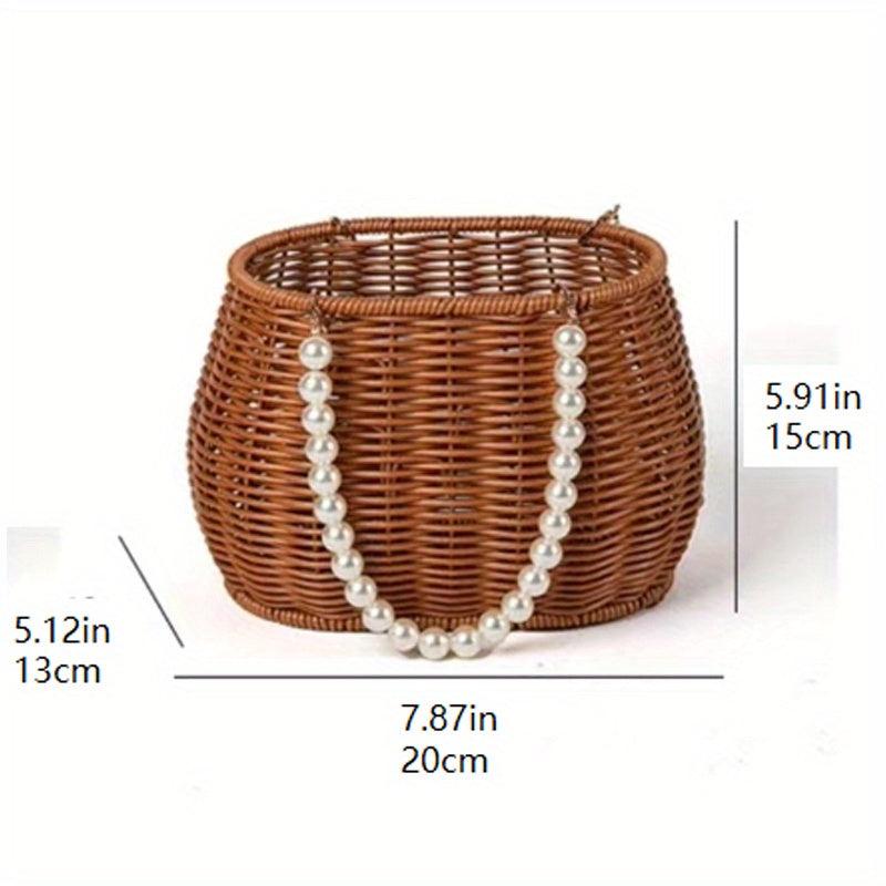 Rattan Woven Flower Basket Wedding Party Gift Handbag Faux Pearl Chain Beach Bag