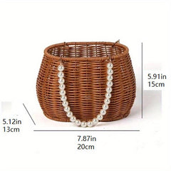 Rattan Woven Flower Basket Wedding Party Gift Handbag Faux Pearl Chain Beach Bag