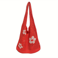 Hollow Shoulder Bag Knitted Tote Mesh Flower Bag