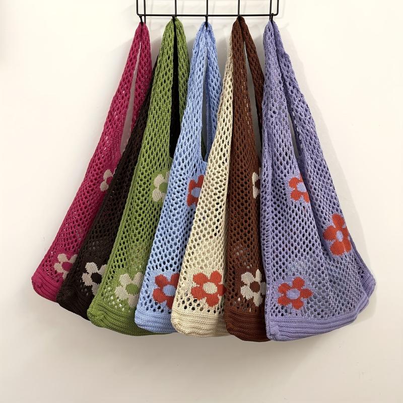 Hollow Shoulder Bag Knitted Tote Mesh Flower Bag
