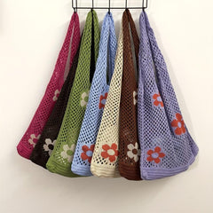 Hollow Shoulder Bag Knitted Tote Mesh Flower Bag