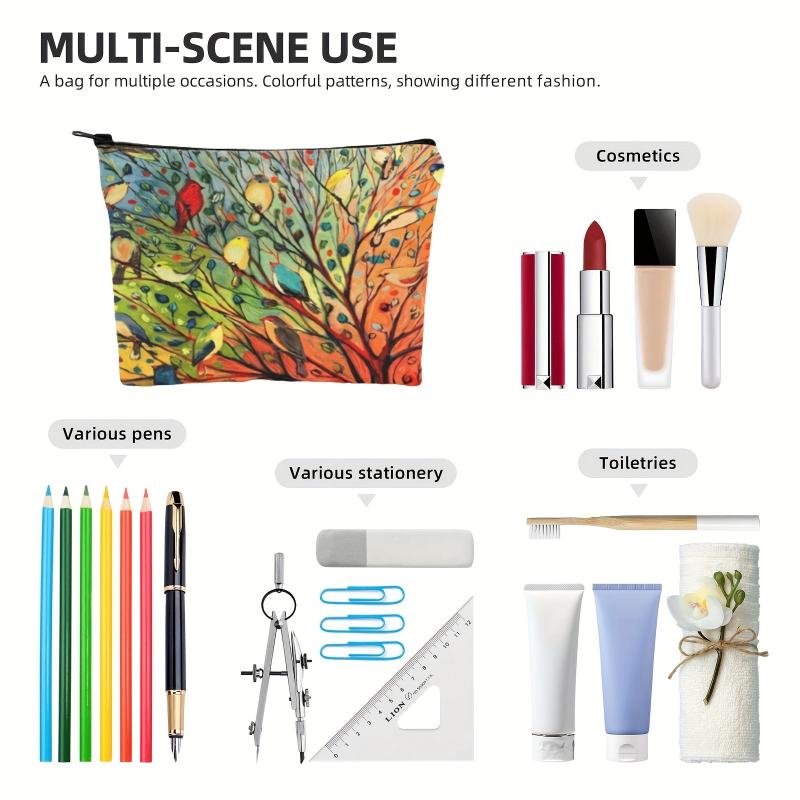 Tree Bird Oil Painting Print Cosmetic Bag Canvas Handbag Makeup Wash Toi