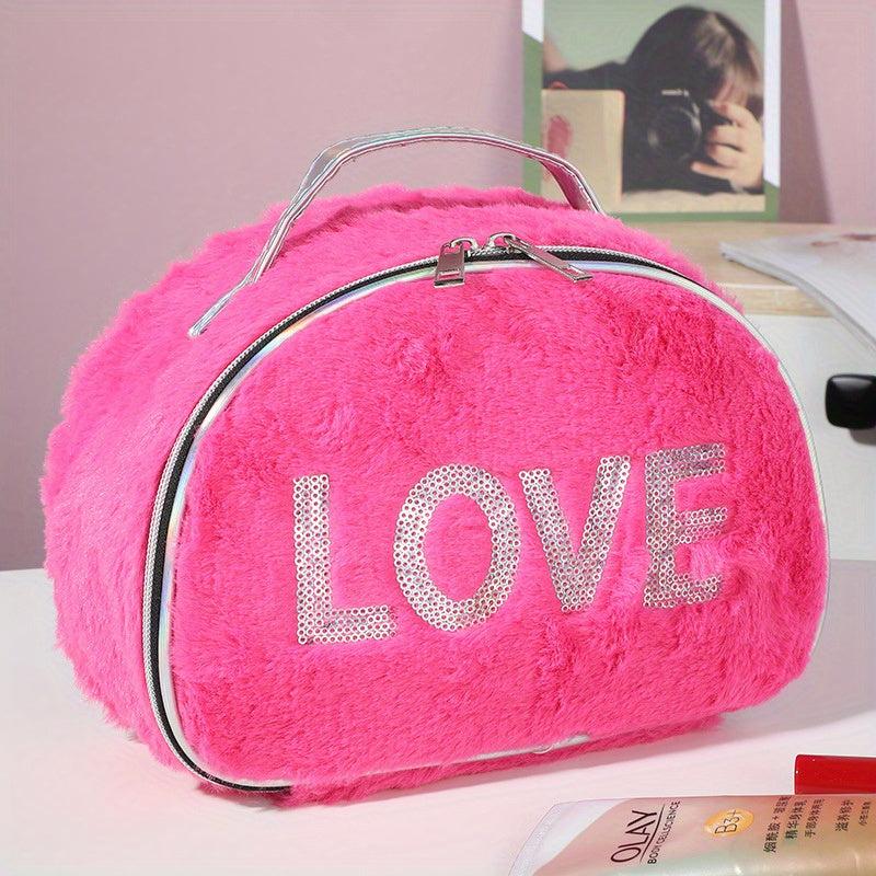 Love Pattern Cosmetics Bag with Silvery Sequins Plush Makeup Storage