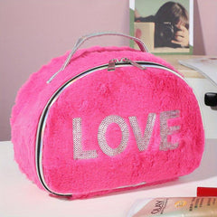 Love Pattern Cosmetics Bag with Silvery Sequins Plush Makeup Storage