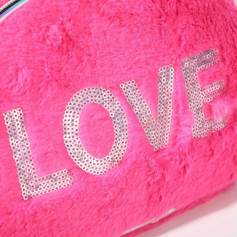 Love Pattern Cosmetics Bag with Silvery Sequins Plush Makeup Storage