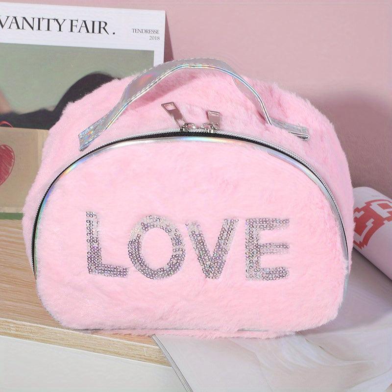 Love Pattern Cosmetics Bag with Silvery Sequins Plush Makeup Storage