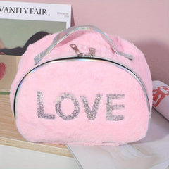 Love Pattern Cosmetics Bag with Silvery Sequins Plush Makeup Storage