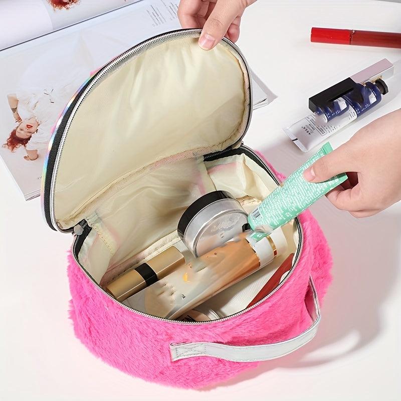 Love Pattern Cosmetics Bag with Silvery Sequins Plush Makeup Storage