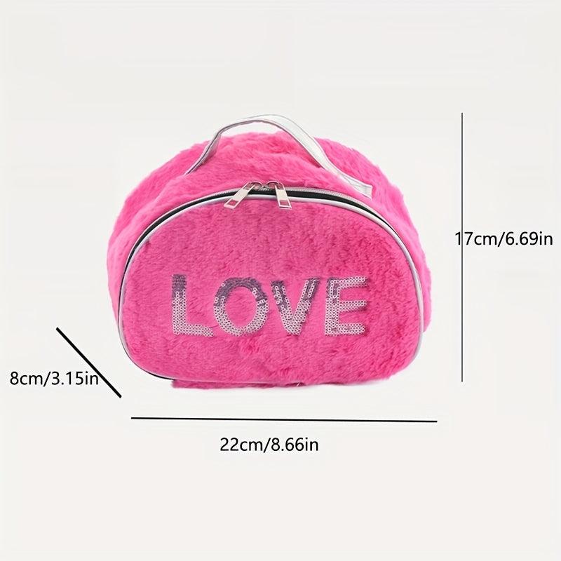Love Pattern Cosmetics Bag with Silvery Sequins Plush Makeup Storage