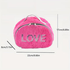 Love Pattern Cosmetics Bag with Silvery Sequins Plush Makeup Storage