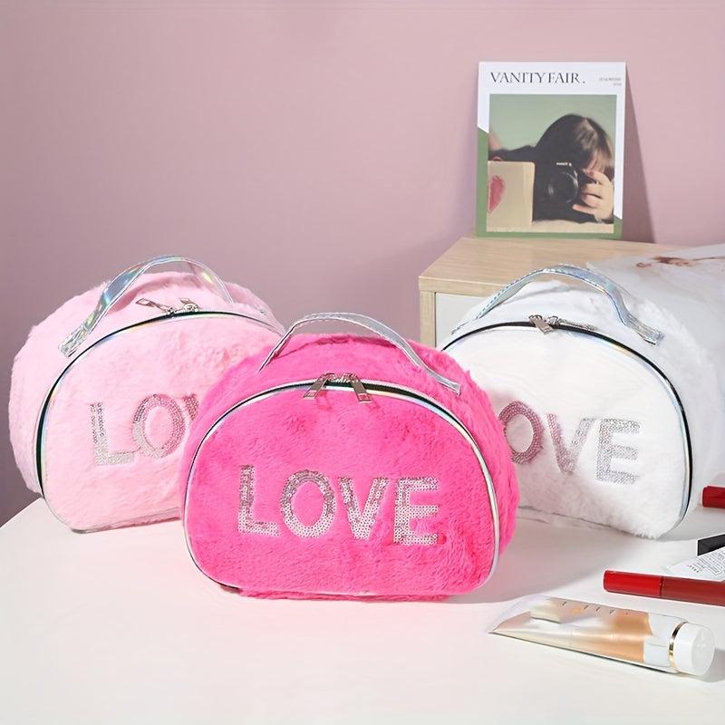 Love Pattern Cosmetics Bag with Silvery Sequins Plush Makeup Storage