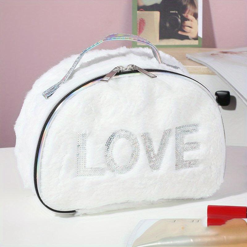 Love Pattern Cosmetics Bag with Silvery Sequins Plush Makeup Storage