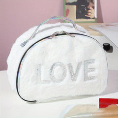Love Pattern Cosmetics Bag with Silvery Sequins Plush Makeup Storage