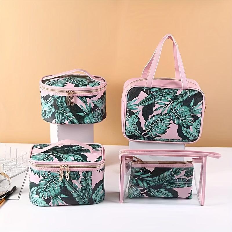 Portable Leaves Pattern PU Toiletry Bag Large Capacity Storage Bag For Travel