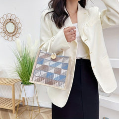 Linen Woven Tote Bag Floral Plaid Handbag Creative Canvas Button Decor