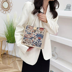 Linen Woven Tote Bag Floral Plaid Handbag Creative Canvas Button Decor