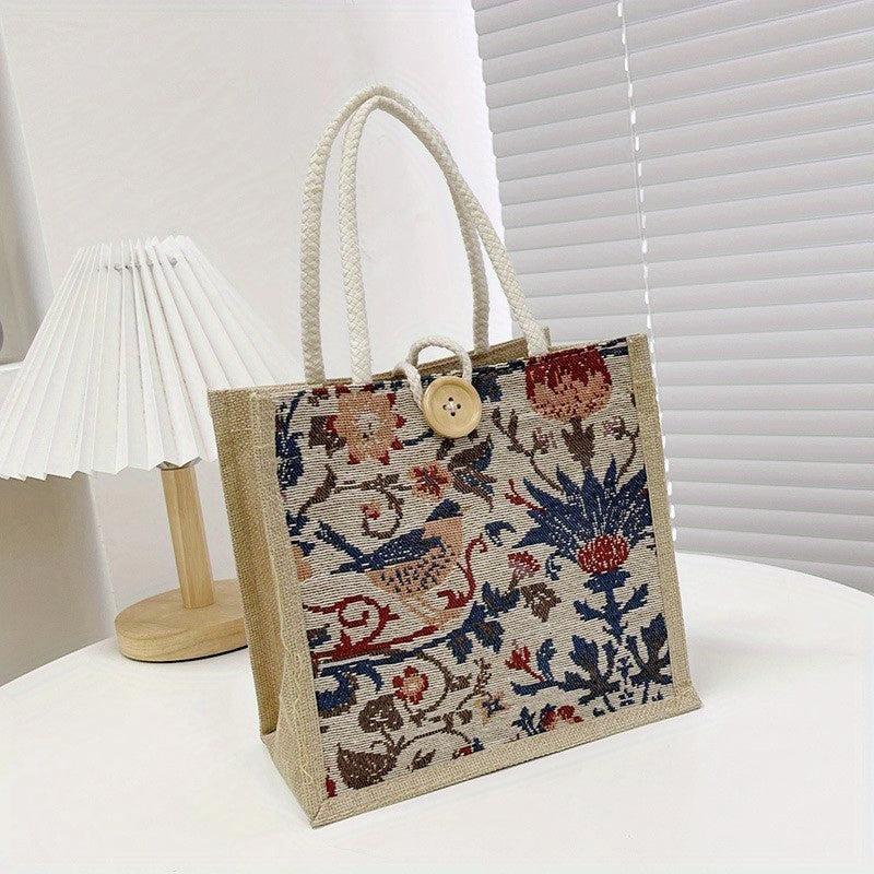 Linen Woven Tote Bag Floral Plaid Handbag Creative Canvas Button Decor