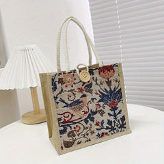 Linen Woven Tote Bag Floral Plaid Handbag Creative Canvas Button Decor