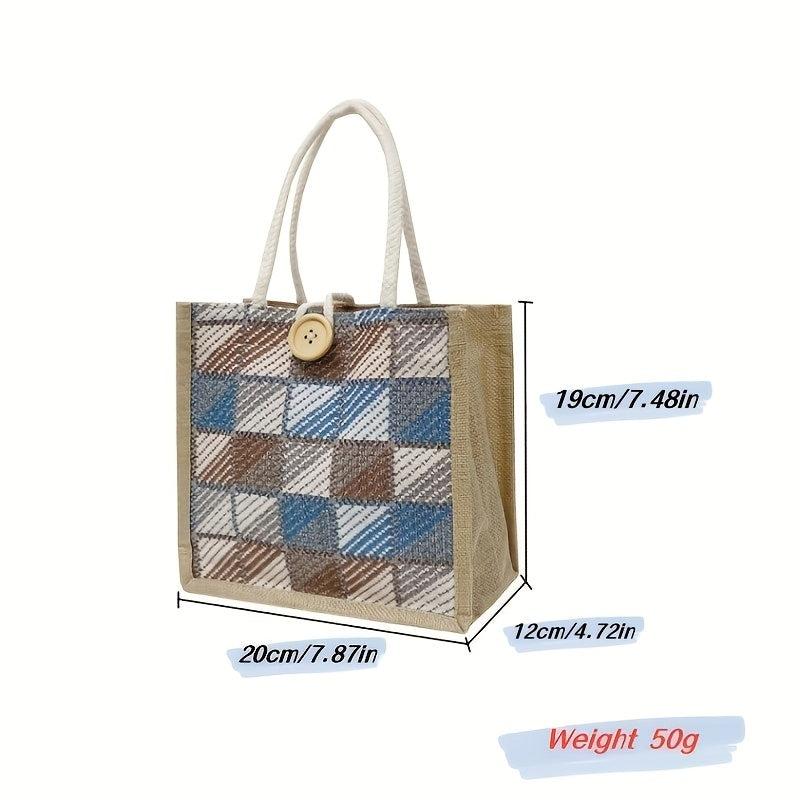 Linen Woven Tote Bag Floral Plaid Handbag Creative Canvas Button Decor