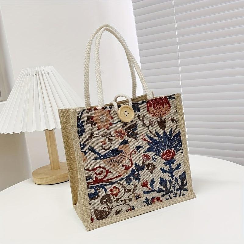 Linen Woven Tote Bag Floral Plaid Handbag Creative Canvas Button Decor