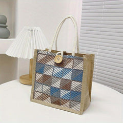 Linen Woven Tote Bag Floral Plaid Handbag Creative Canvas Button Decor