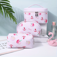 Peach Print PU Leather Cosmetic Bag Waterproof Travel Storage Bag