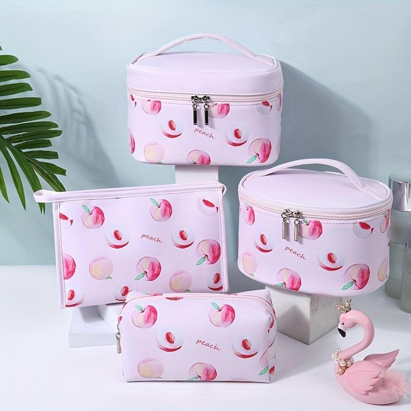 Peach Print PU Leather Cosmetic Bag Waterproof Travel Storage Bag