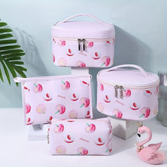 Peach Print PU Leather Cosmetic Bag Waterproof Travel Storage Bag