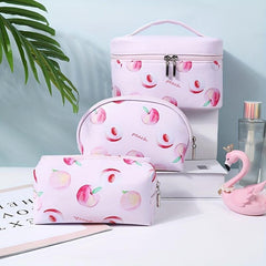 Peach Print PU Leather Cosmetic Bag Waterproof Travel Storage Bag