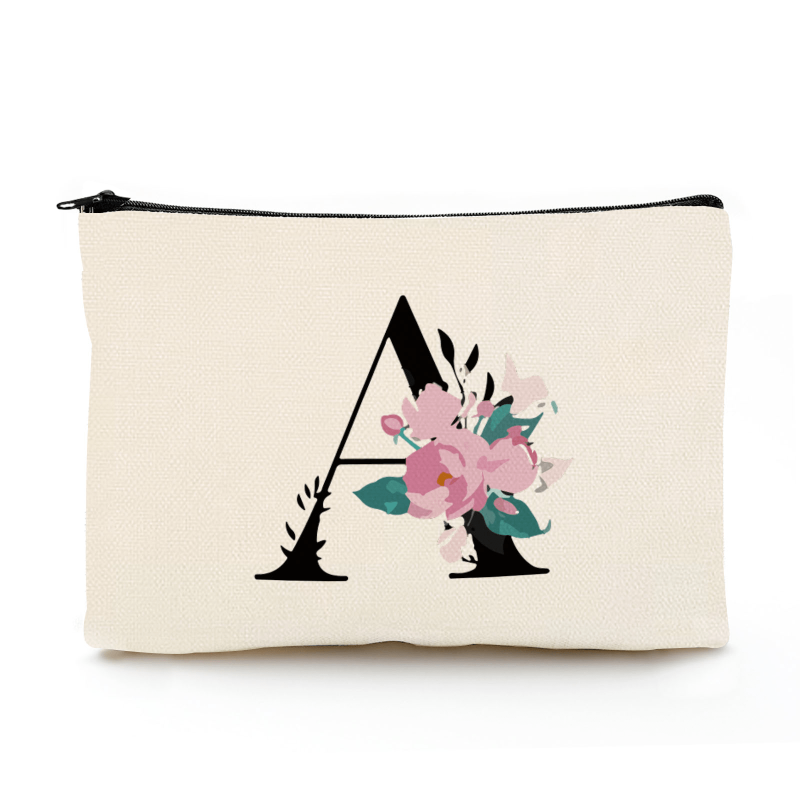 Floral A Letter Makeup Bag Bridesmaid Cosmetic Pouch Personalized Travel Purse