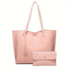 2Pcs Tassel Decor Tote Bag Set Faux Leather Handbag Large Capacity Shoulder Bag