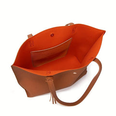 2Pcs Tassel Decor Tote Bag Set Faux Leather Handbag Large Capacity Shoulder Bag
