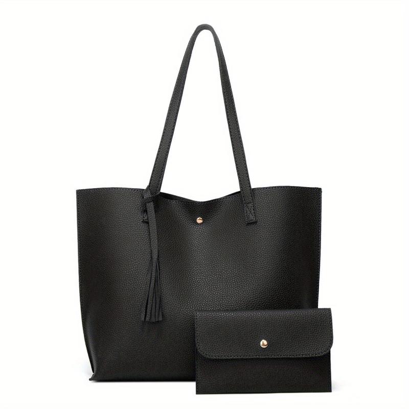 2Pcs Tassel Decor Tote Bag Set Faux Leather Handbag Large Capacity Shoulder Bag