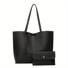 2Pcs Tassel Decor Tote Bag Set Faux Leather Handbag Large Capacity Shoulder Bag