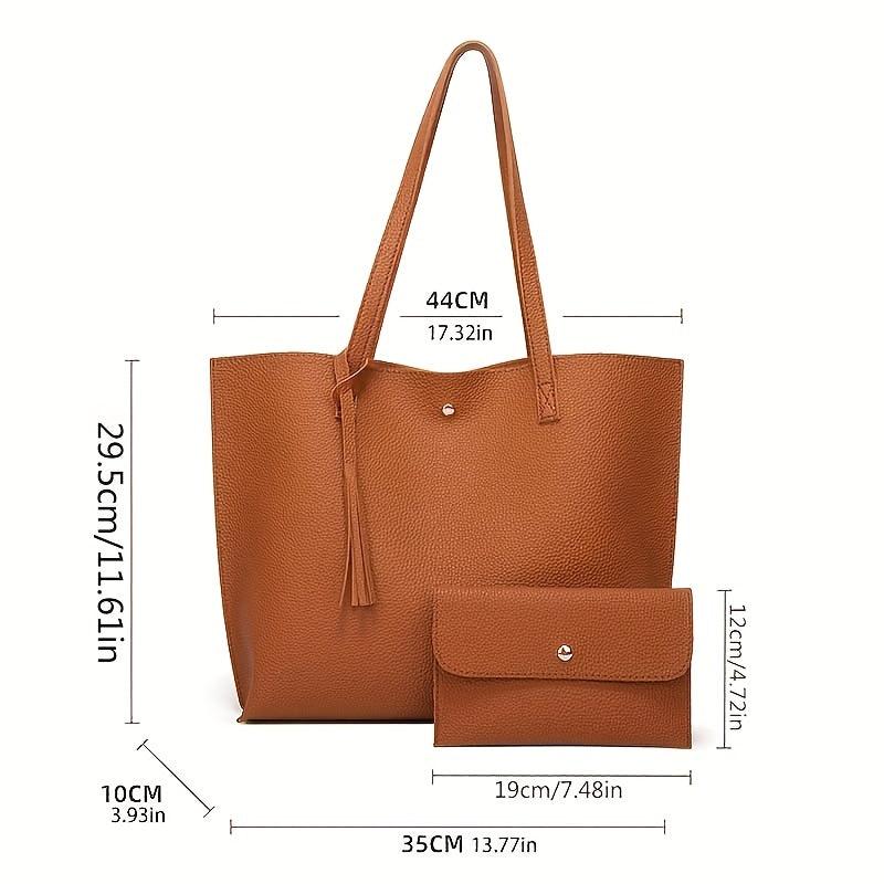 2Pcs Tassel Decor Tote Bag Set Faux Leather Handbag Large Capacity Shoulder Bag