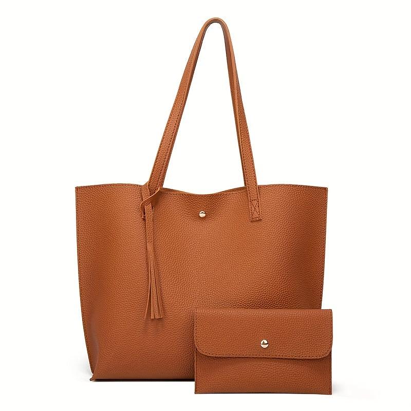 2Pcs Tassel Decor Tote Bag Set Faux Leather Handbag Large Capacity Shoulder Bag