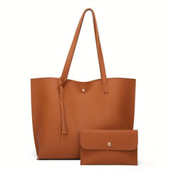 2Pcs Tassel Decor Tote Bag Set Faux Leather Handbag Large Capacity Shoulder Bag