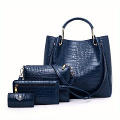 Crocodile Pattern Handbag Set: Tote, Crossbody, Clutch, Card Holder