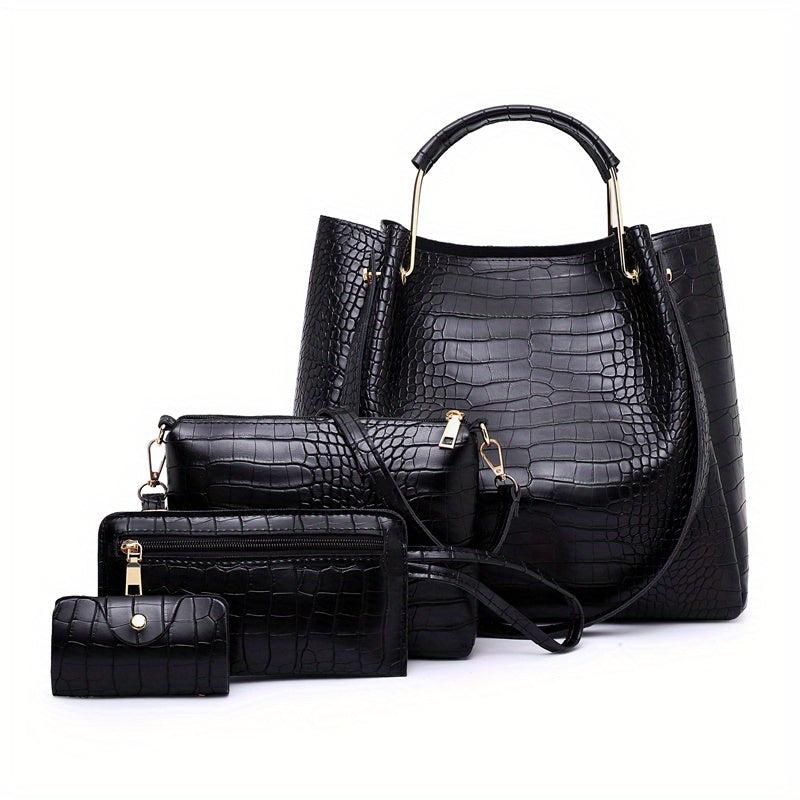 Crocodile Pattern Handbag Set: Tote, Crossbody, Clutch, Card Holder