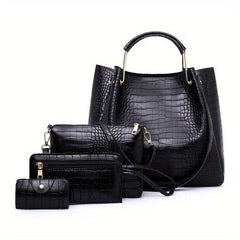 Crocodile Pattern Handbag Set: Tote, Crossbody, Clutch, Card Holder