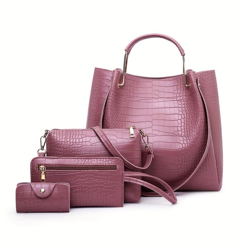 Crocodile Pattern Handbag Set: Tote, Crossbody, Clutch, Card Holder