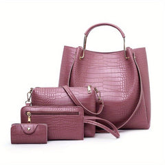Crocodile Pattern Handbag Set: Tote, Crossbody, Clutch, Card Holder