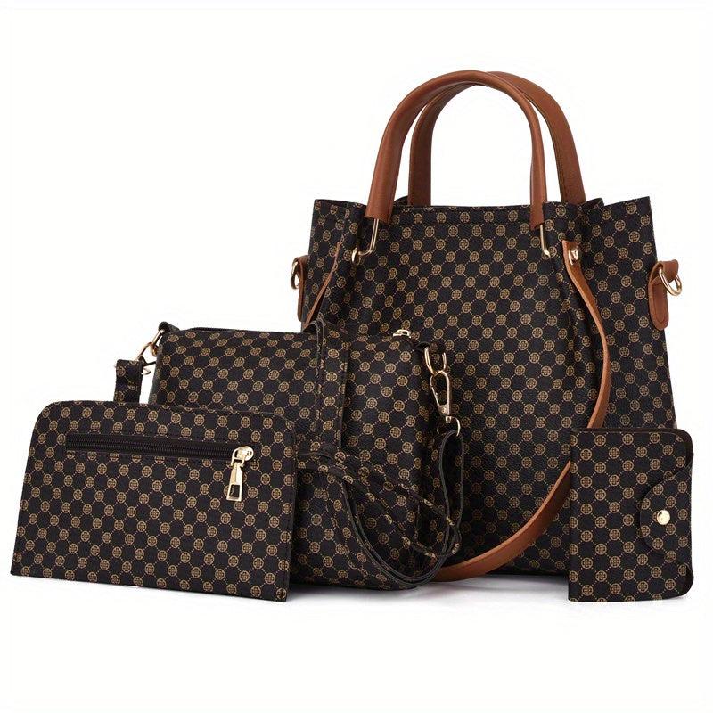 4Pcs Argyle Pattern Bag Set Women's PU Leather Handbag