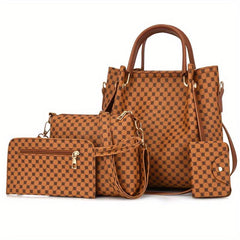 4Pcs Argyle Pattern Bag Set Women's PU Leather Handbag