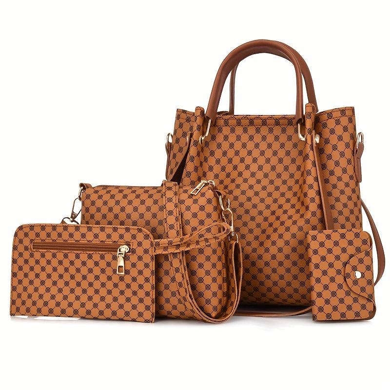 4Pcs Argyle Pattern Bag Set Women's PU Leather Handbag