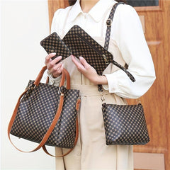 4Pcs Argyle Pattern Bag Set Women's PU Leather Handbag
