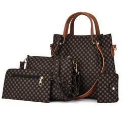 4Pcs Argyle Pattern Bag Set Women's PU Leather Handbag