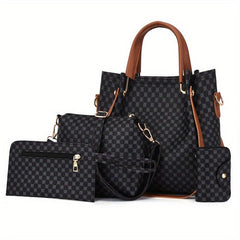 4Pcs Argyle Pattern Bag Set Women's PU Leather Handbag