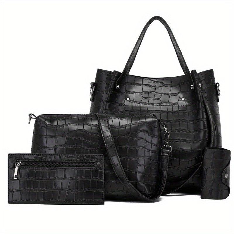 4Pcs Crocodile Embossed Bag Set Women's Handbags with Crossbody Bag & Clutch Pur